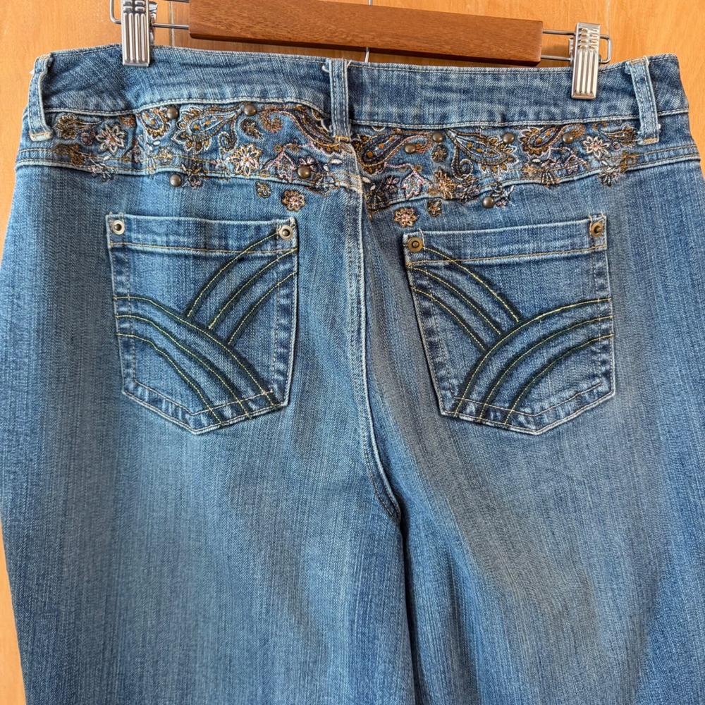 Venezia Womens Blue Embroidered Straight Leg Jeans Size 16 Boho Studded Denim - Picture 3 of 10